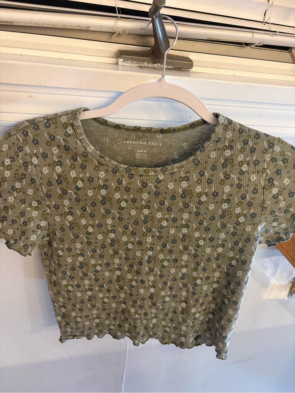 American Eagle Outfitters Olive Floral Ribbed Crop Tee